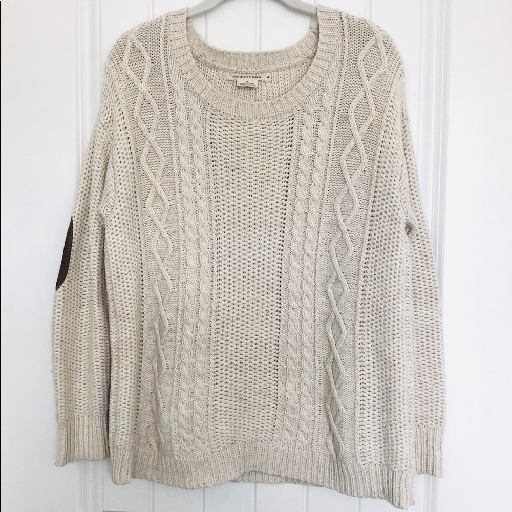 UO Cable Knit Cream Sweater with Elbow Patches